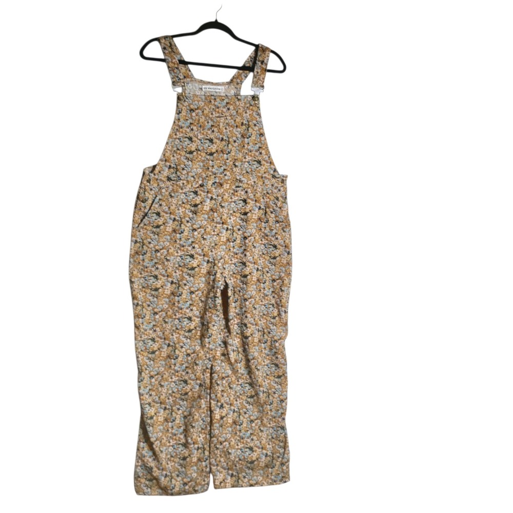 SM Wardrobe Floral Corduroy Overalls Mustard Blue Wide Leg Jumpsuit Large